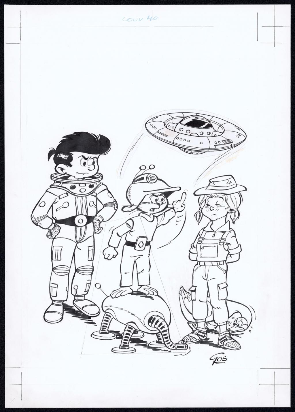 Couverture originale, ajout collé (soucoupe volante), une rustine (Scrameustache) - Roland Gos - Encre de Chine sur papier - 5043