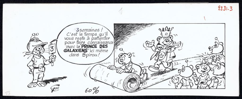 Illustration originale avec  calque d'indication couleur publiée dans le magazine Spirou pour l'annonce du Prince des Galaxiens (t.10) - Roland Gos - Encre de Chine sur papier - 5037