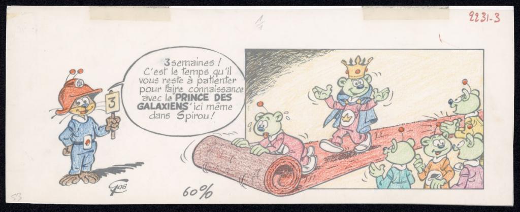 Illustration originale avec  calque d'indication couleur publiée dans le magazine Spirou pour l'annonce du Prince des Galaxiens (t.10) - Roland Gos - Encre de Chine sur papier - 5037