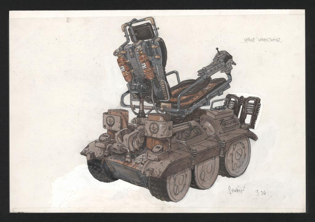 Illustration originale réalisée pour le design de la chaise roulante de l'acteur Dominique Pinon dans le film Alien Resurrection de Jean Jeunet ( avec un celluloïd  sur lesquelles il y a les retouches car fauteuil trop compliqué à réaliser sans les modifi - Sylvain Despretz - Technique mixte sur papier - 5095