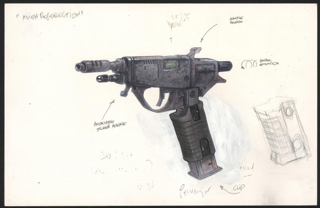 Concept art réalisé pour le design d'un pistolet de Annalee Call (Winona Ryder) dans le film Alien, la résurrection de Jean-Pierre Jeunet - Sylvain Despretz - Technique mixte sur papier - 5094