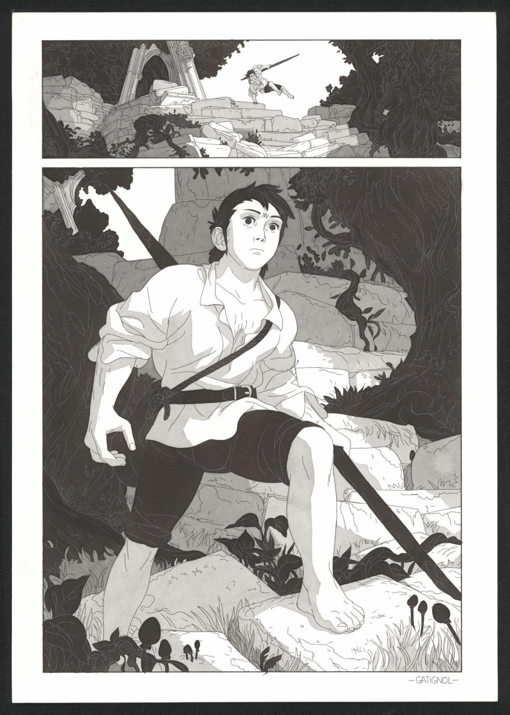 Planche originale accompagnée de sa première étape au crayon - Bertrand Gatignol - Encres noires et aquarelle sur papier - 6550