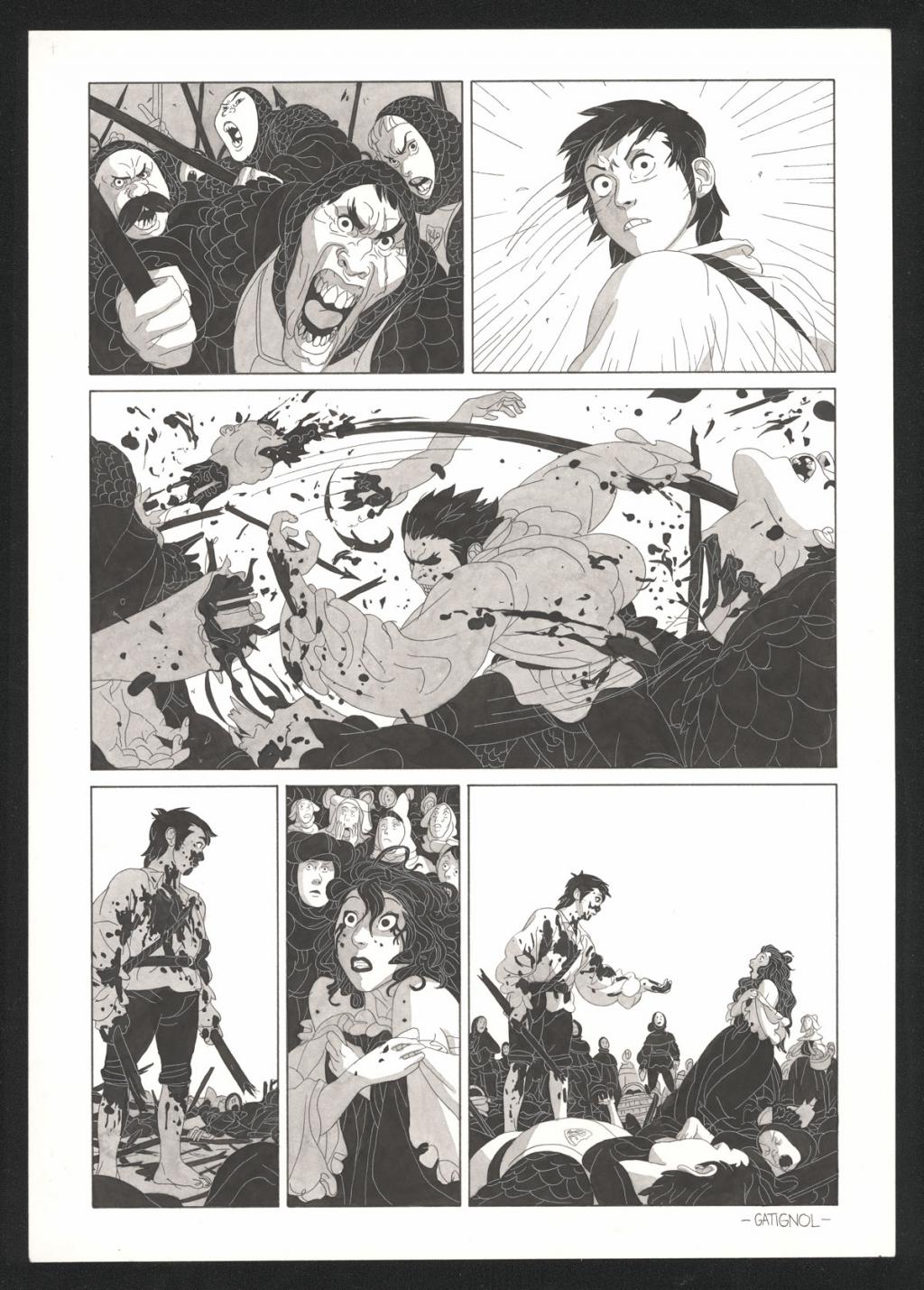 Planche originale accompagnée de sa première étape au crayon - Bertrand Gatignol - Encres noires et aquarelle sur papier - 6164