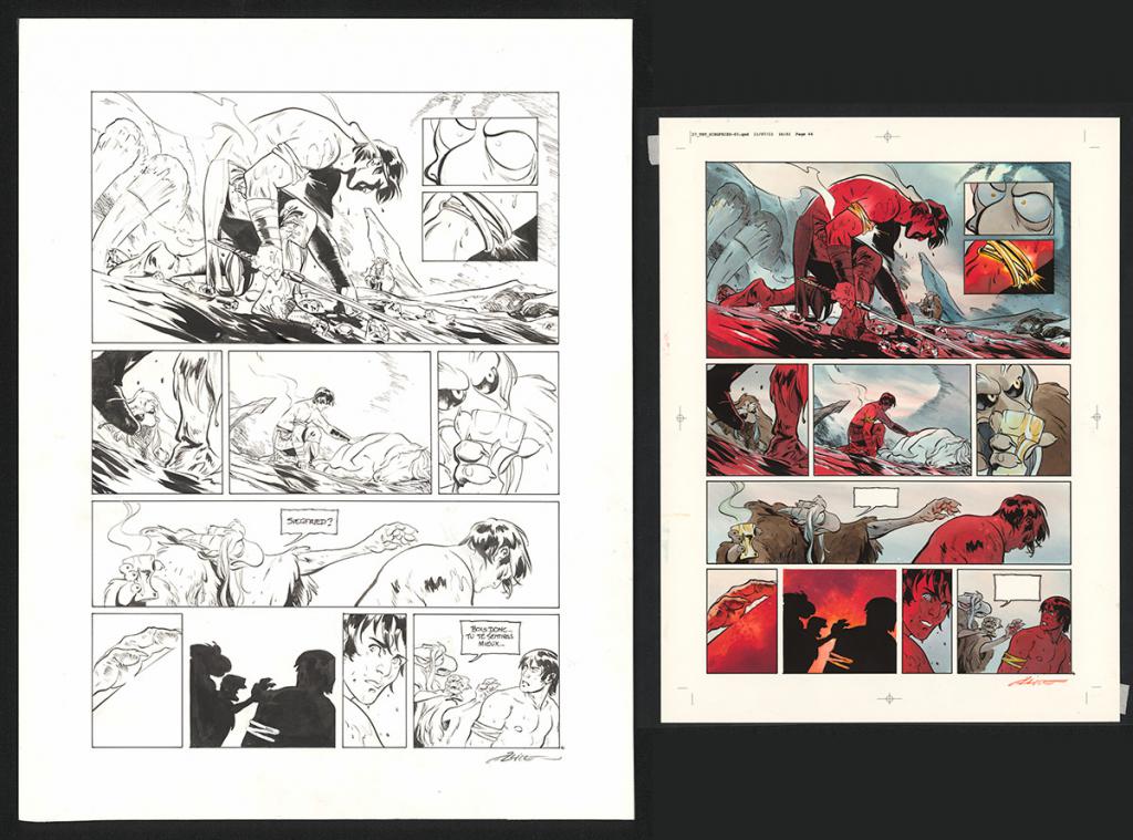 Planche originale n°44 accompagnée de sa mise en couleur (aux encres de couleur) - Alex Alice - Encre de Chine sur papier - 5115