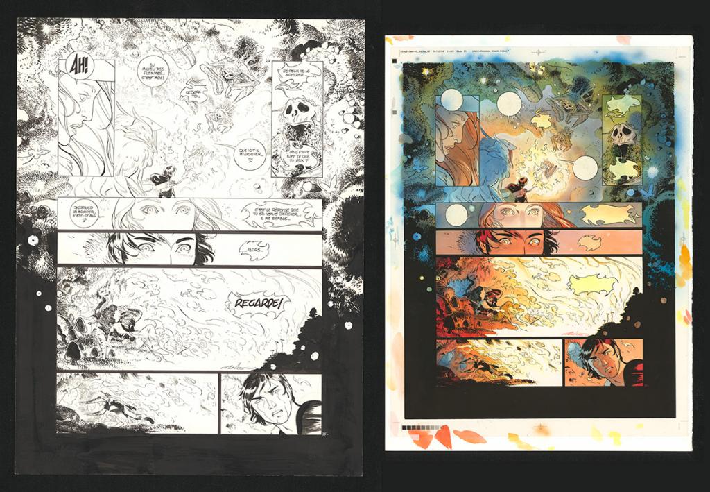 Planche originale n°35, accompagnée de sa mise en couleur (aux encres de couleur) - Alex Alice - Encre de Chine sur papier - 5113