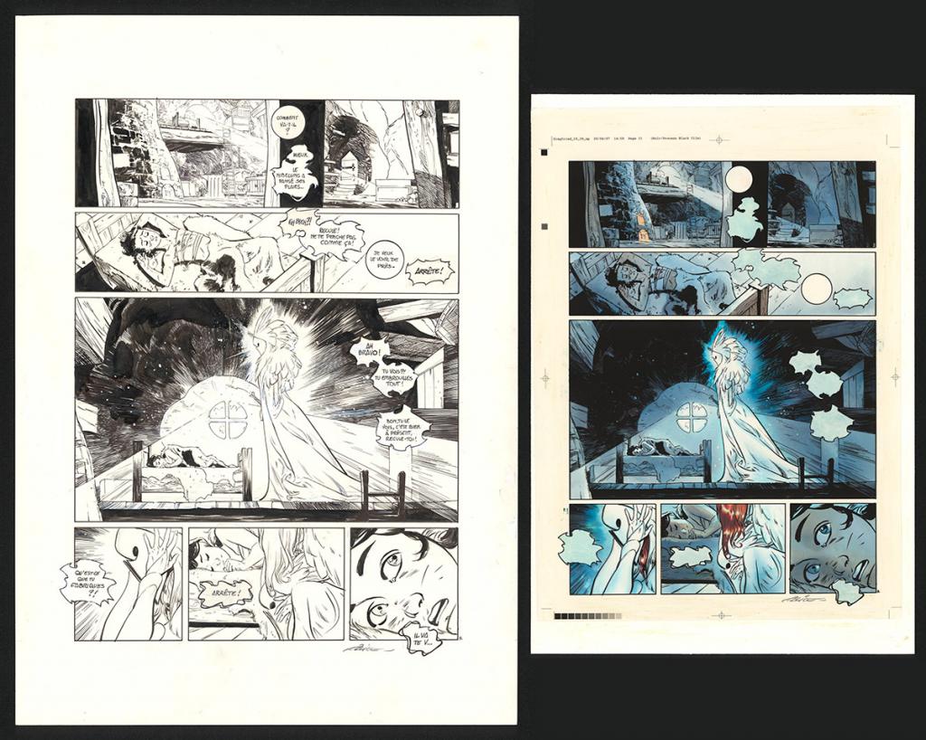 Planche originale n°31, rustines en case n°1, 2 et 5, accompagnée de sa mise en couleur (aux encres de couleur) - Alex Alice - Encre de Chine sur papier - 5114