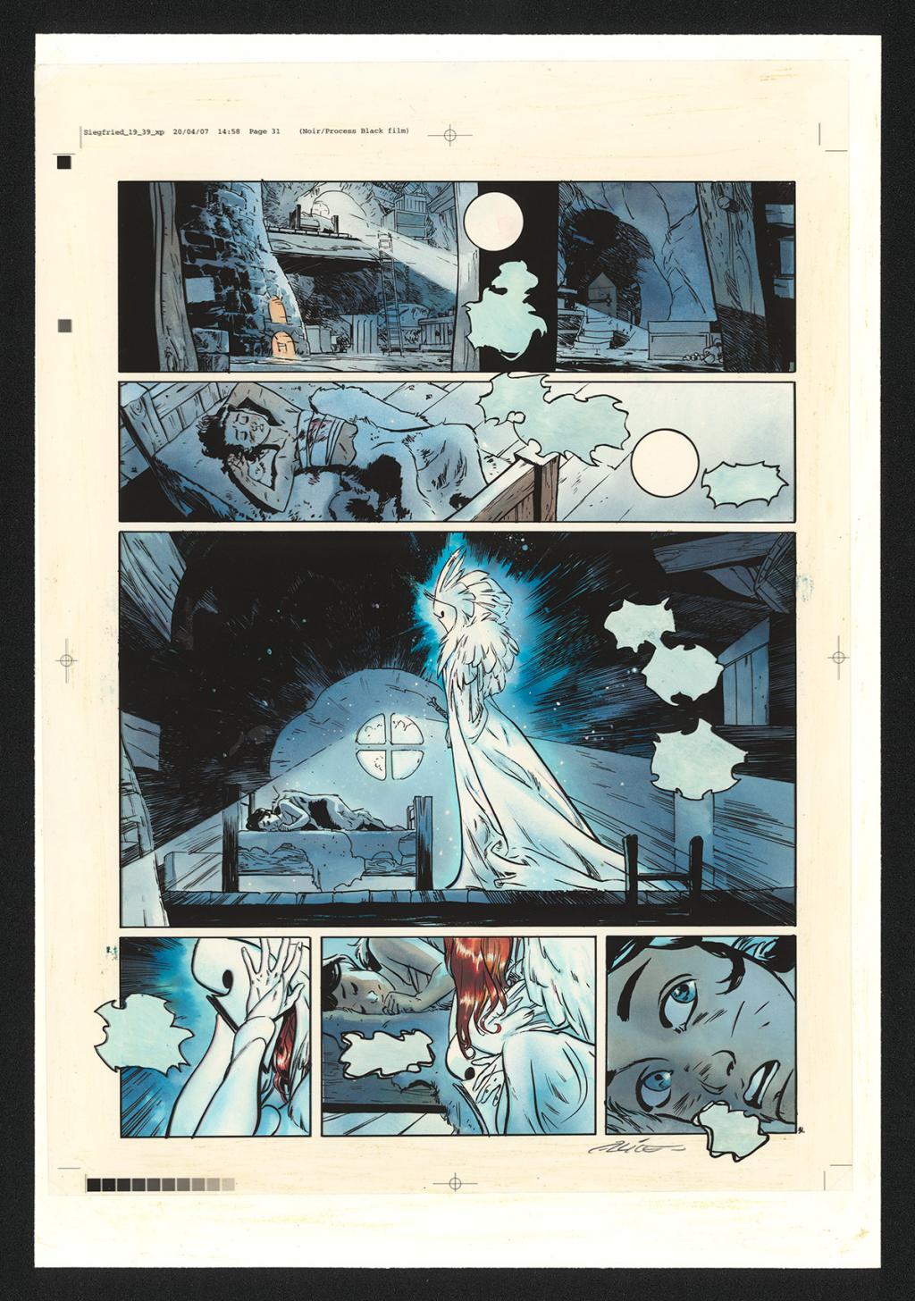 Planche originale n°31, rustines en case n°1, 2 et 5, accompagnée de sa mise en couleur (aux encres de couleur) - Alex Alice - Encre de Chine sur papier - 5114