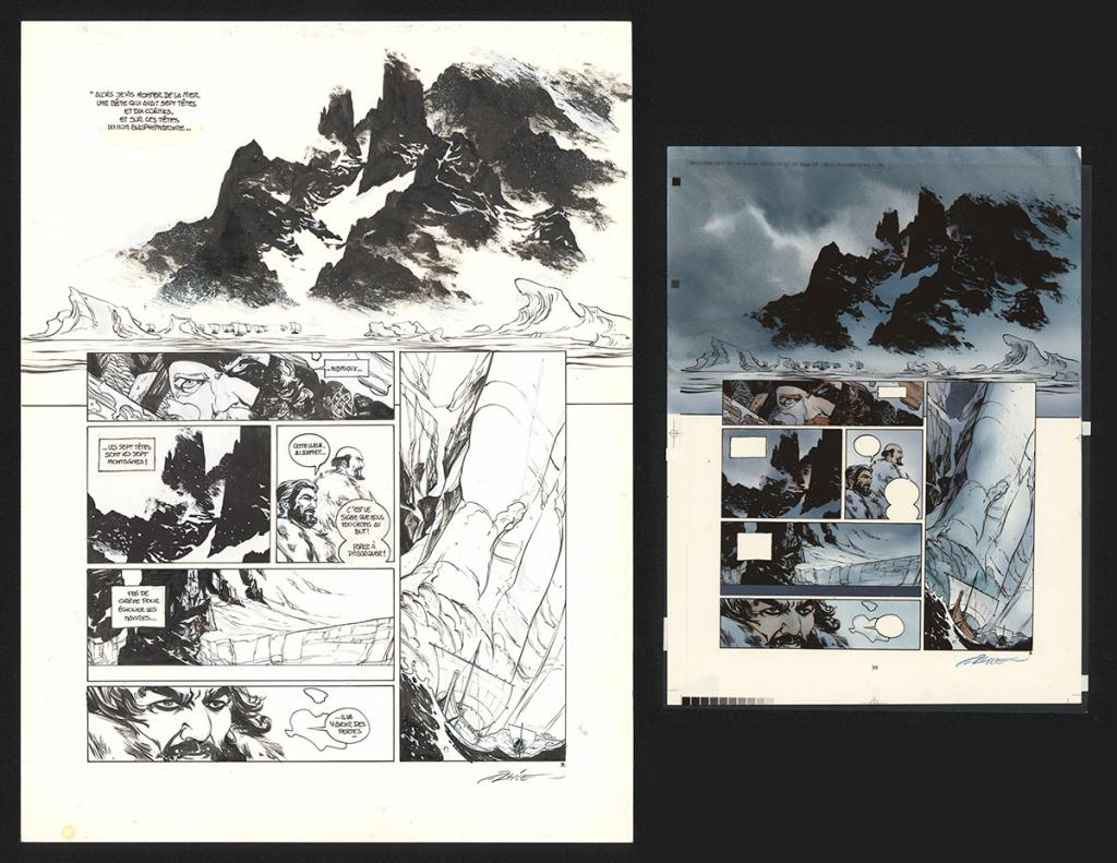 Planche originale n°39, rustines en cases n°1 et 3, accompagnée de sa mise en couleur (aux encres acryliques) - Alex Alice - Encre de Chine sur papier - 5111