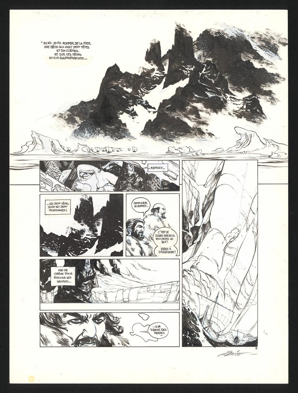 Planche originale n°39, rustines en cases n°1 et 3, accompagnée de sa mise en couleur (aux encres acryliques) - Alex Alice - Encre de Chine sur papier - 5111