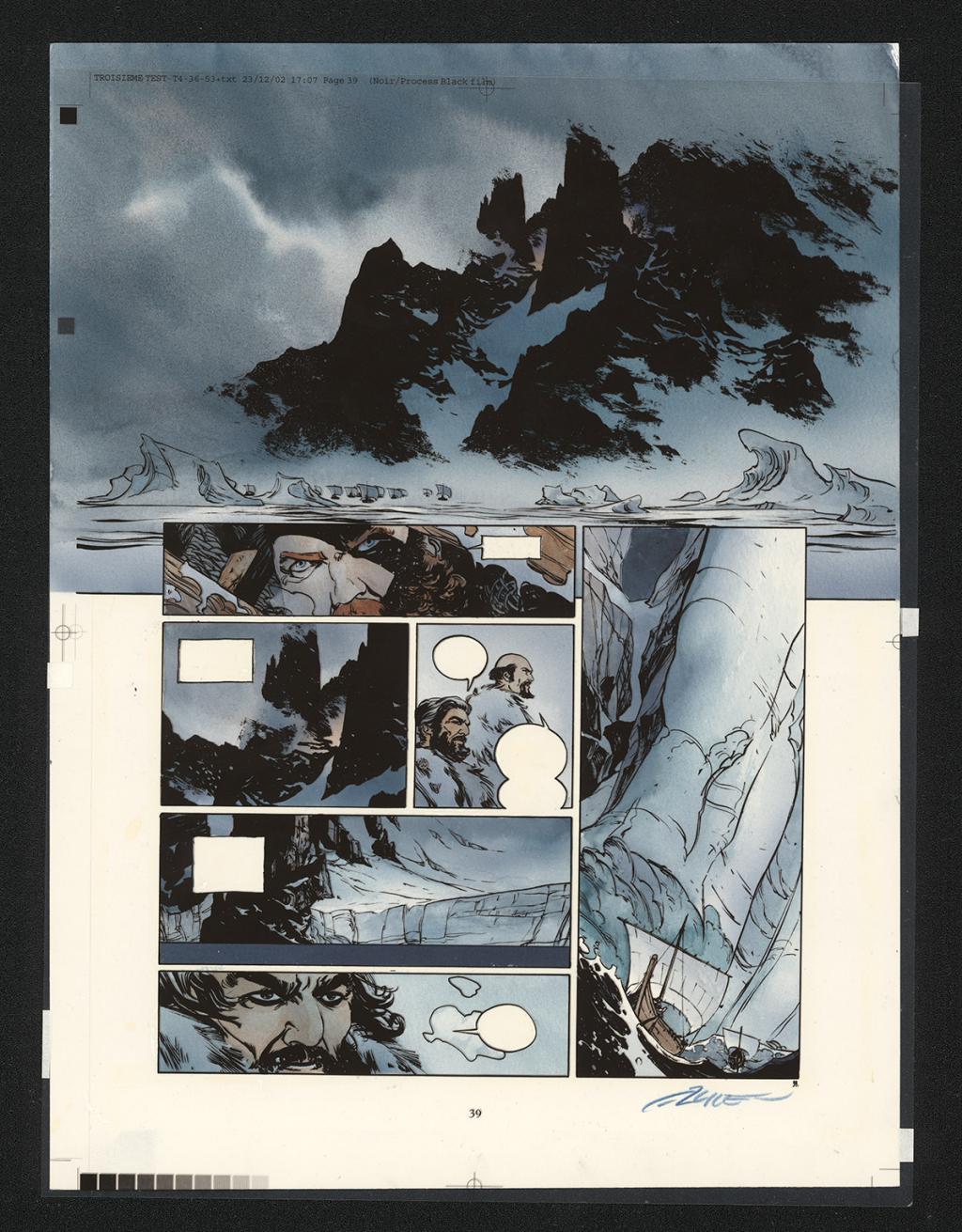 Planche originale n°39, rustines en cases n°1 et 3, accompagnée de sa mise en couleur (aux encres acryliques) - Alex Alice - Encre de Chine sur papier - 5111