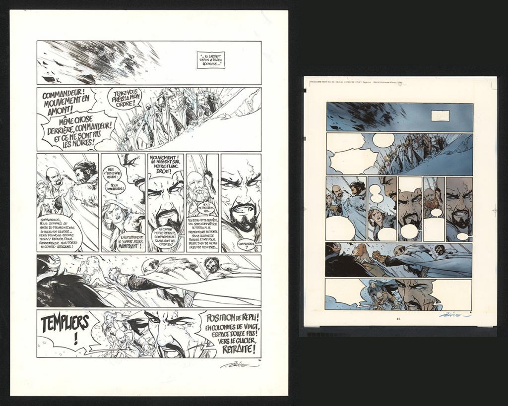 Planche originale n°44, accompagnée de sa mise en couleur (aux encres acryliques) - Alex Alice - Encre de Chine sur papier - 5110