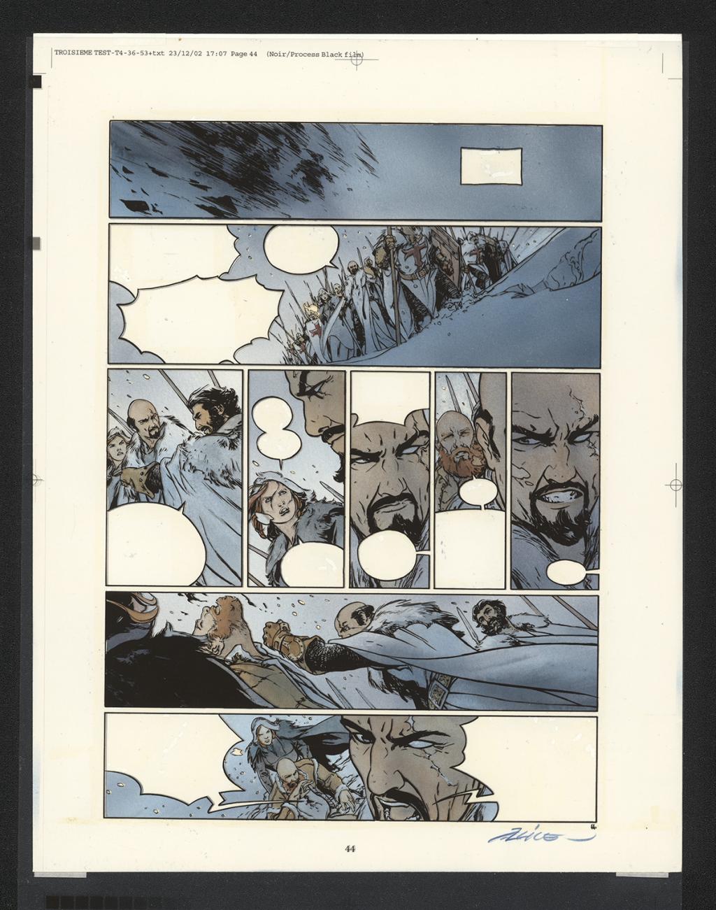 Planche originale n°44, accompagnée de sa mise en couleur (aux encres acryliques) - Alex Alice - Encre de Chine sur papier - 5110