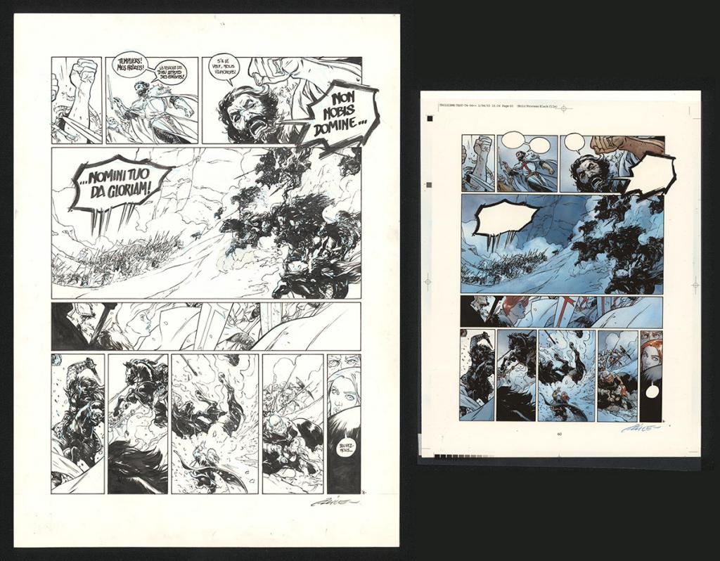 Planche originale n°58, accompagnée de sa mise en couleur (aux encres acryliques) - Alex Alice - Encre de Chine sur papier - 5109