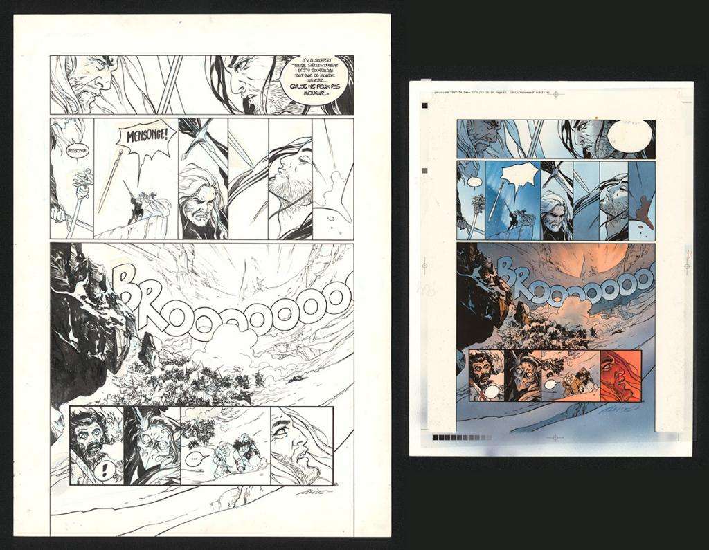 Planche originale n°63, rustines en cases n°1, 2, 3, 5 et 11, accompagnée de sa mise en couleur (aux encres acryliques) - Alex Alice - Encre de Chine sur papier - 5108