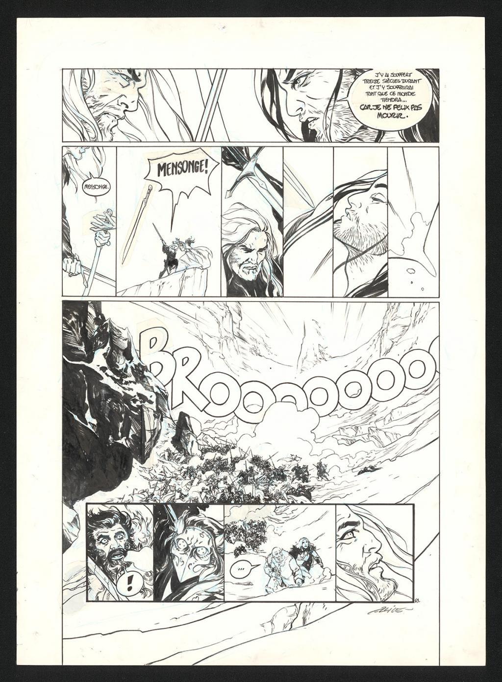 Planche originale n°63, rustines en cases n°1, 2, 3, 5 et 11, accompagnée de sa mise en couleur (aux encres acryliques) - Alex Alice - Encre de Chine sur papier - 5108