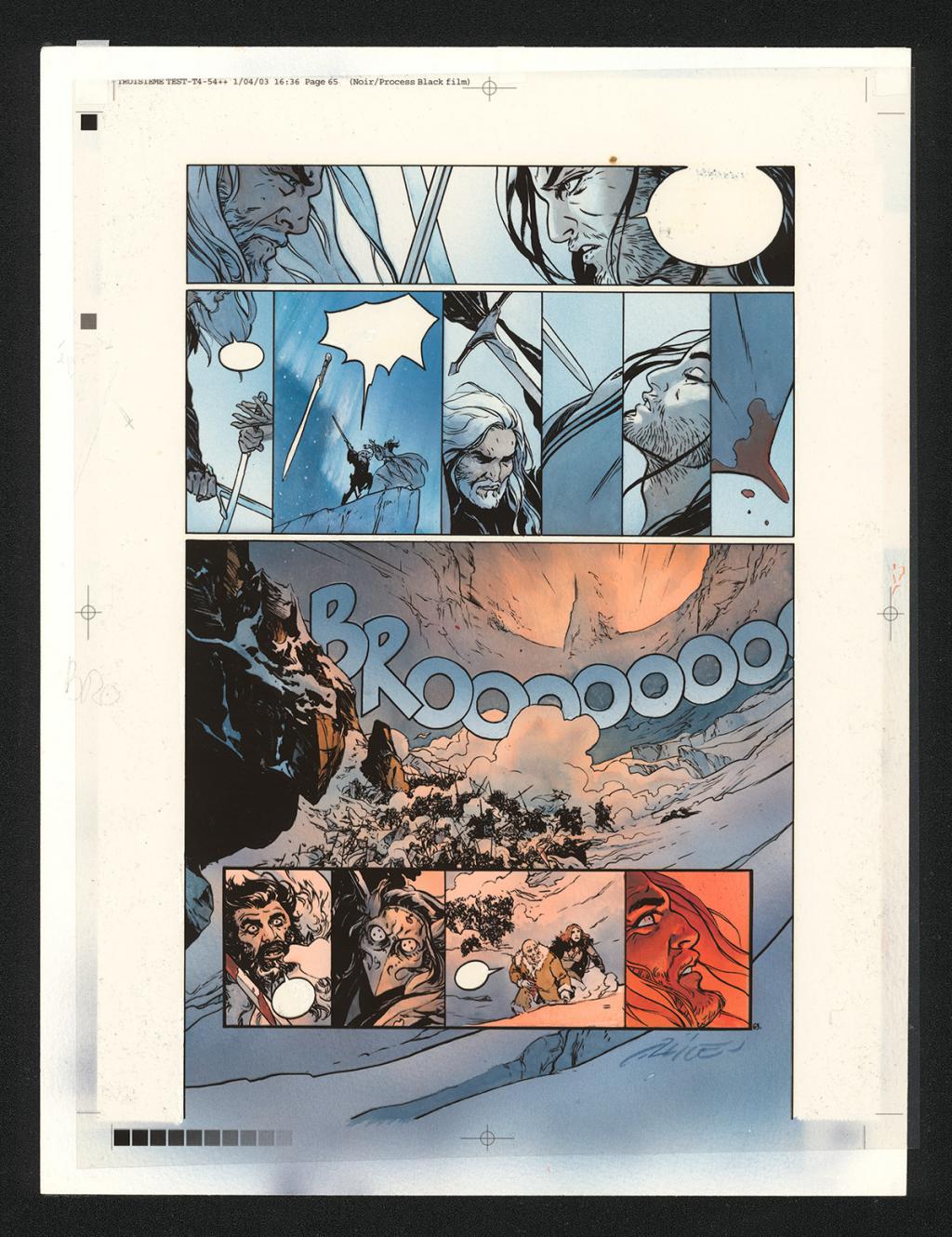 Planche originale n°63, rustines en cases n°1, 2, 3, 5 et 11, accompagnée de sa mise en couleur (aux encres acryliques) - Alex Alice - Encre de Chine sur papier - 5108