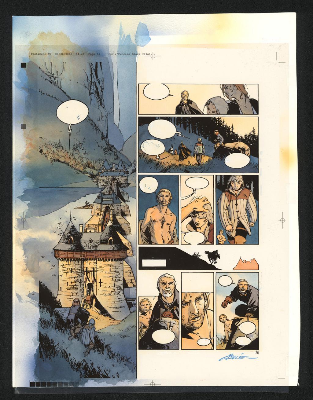 Planche originale n°26, accompagnée de sa mise en couleur (aux encres acryliques) - Alex Alice - Encre de Chine sur papier - 5107