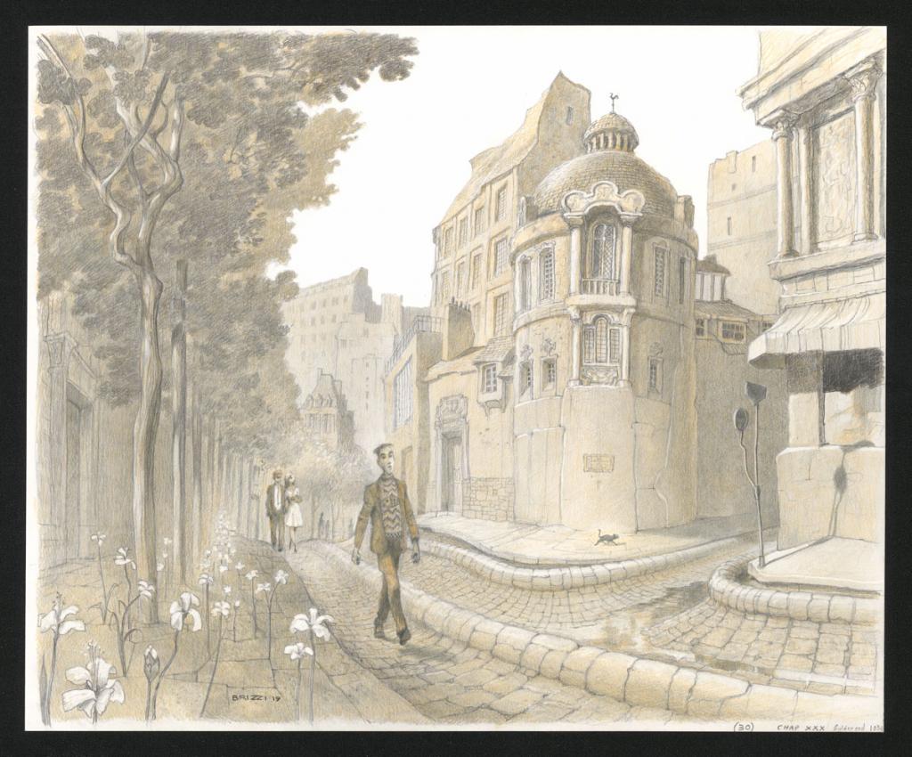 Promenade en ville, illustration originale, chapitre 30, 2019 - Paul & Gaëtan Brizzi - Crayon de cire sur papier - 6478