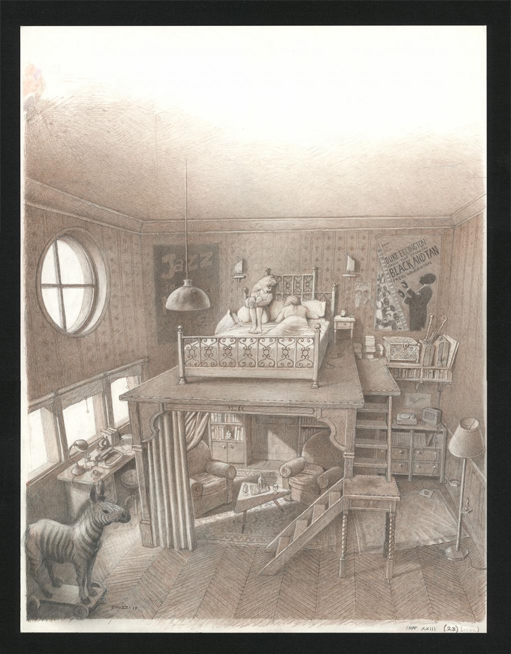 Le lit sur la plate-forme,  illustration originale, chapitre 23, 2019 - Paul & Gaëtan Brizzi - Crayon de cire sur papier - 6476