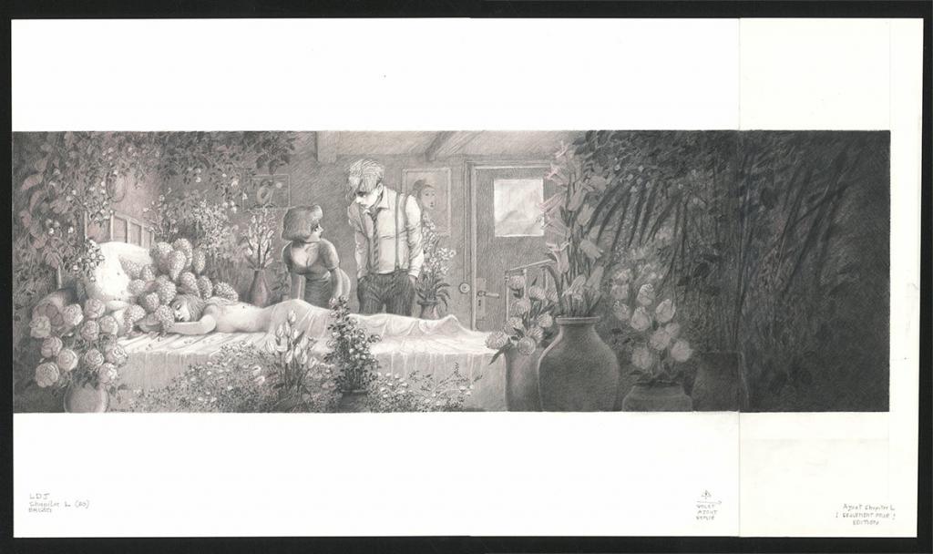 Chloé parmi les fleurs, Illustration originale, chapitre 50, 2019 - Paul & Gaëtan Brizzi - Crayon de cire sur papier - 6472