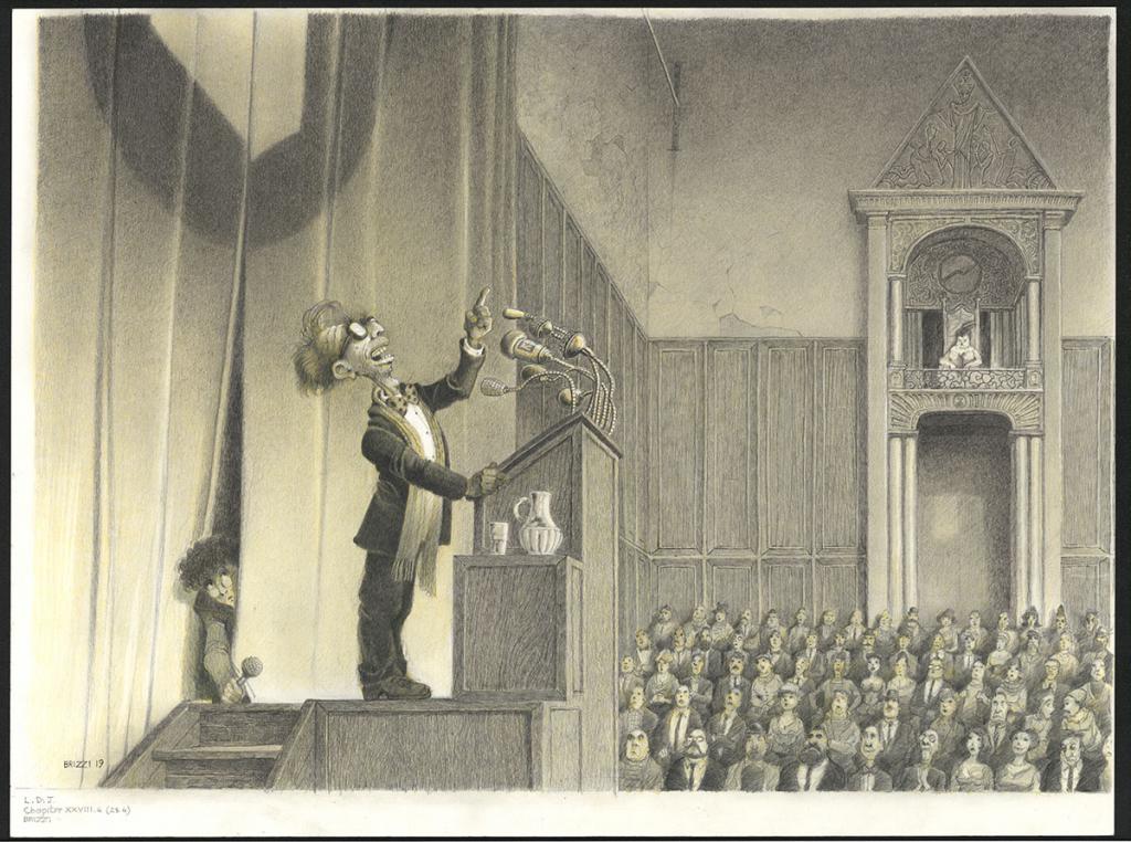 Le Discours de J.Sol Partre, illustration originale, chapitre 28, 2019 - Paul & Gaëtan Brizzi - Crayon de cire sur papier - 6314