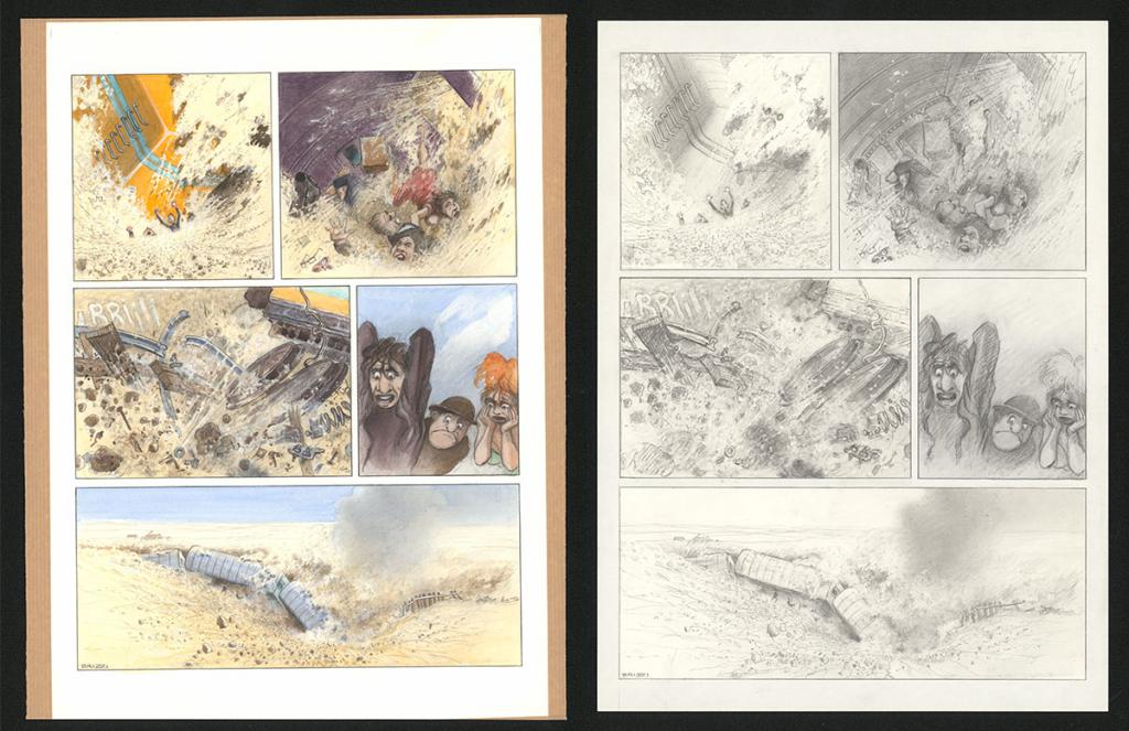 Planche originale n°109 et sa première étape noir et blanc (page 113) - Paul & Gaëtan Brizzi - Aquarelle et crayon de cire sur papier Arches - 6287