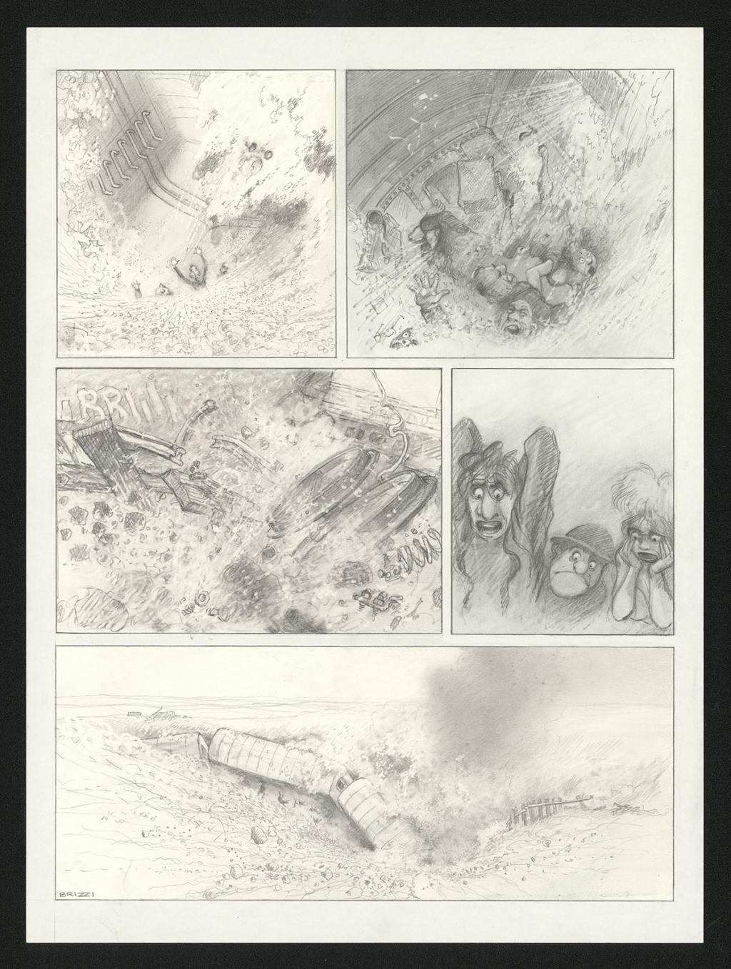 Planche originale n°109 et sa première étape noir et blanc (page 113) - Paul & Gaëtan Brizzi - Aquarelle et crayon de cire sur papier Arches - 6287