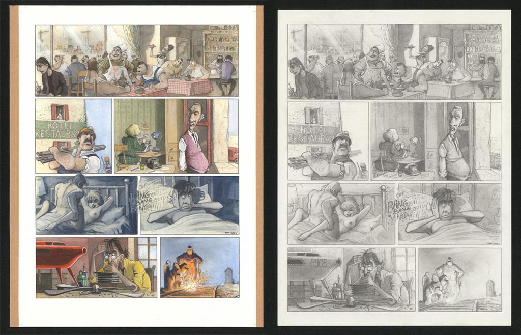 Planche originale n°57 et sa première étape noir et blanc (page 61) - Paul & Gaëtan Brizzi - Aquarelle et crayon de cire sur papier Arches - 6288