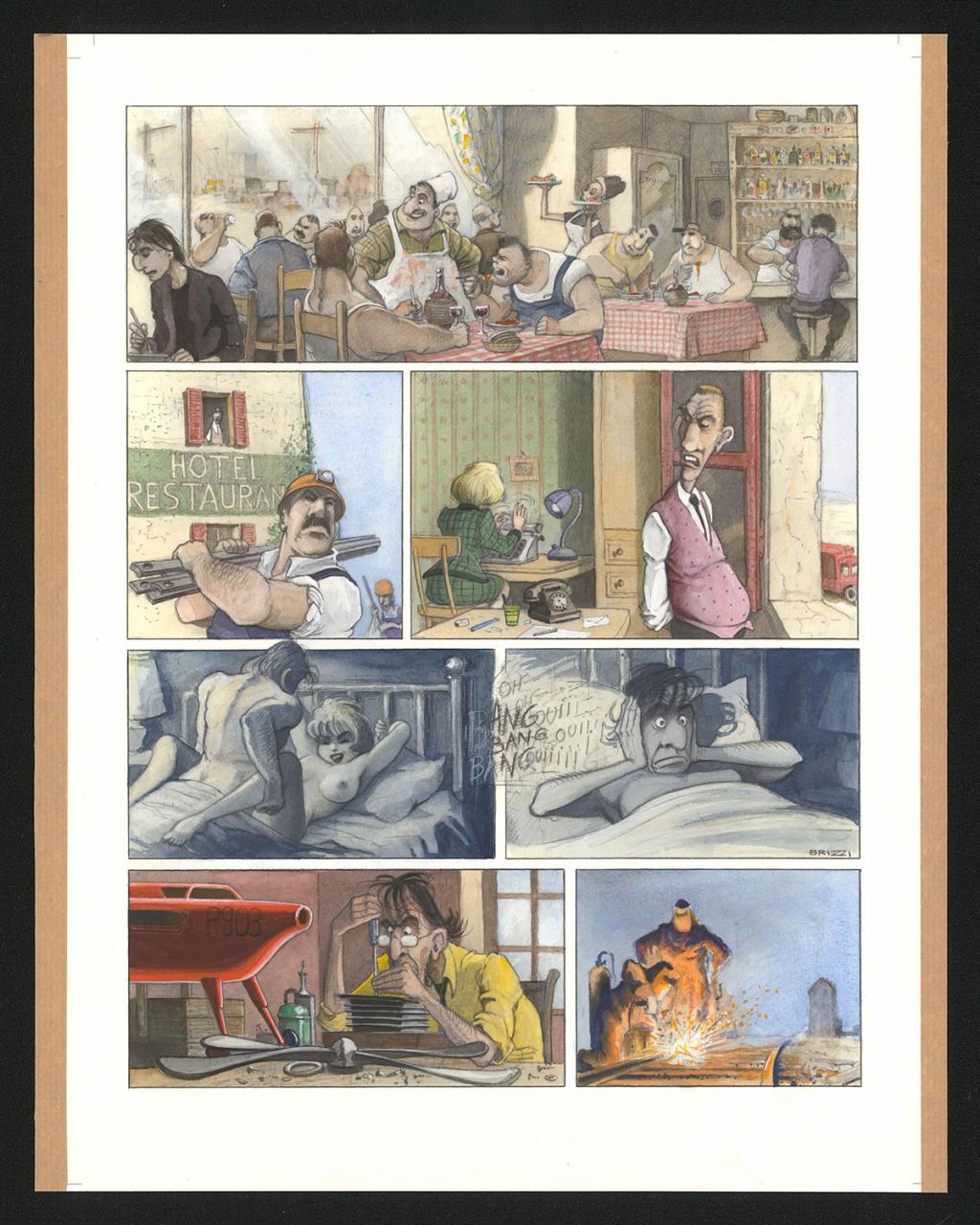 Planche originale n°57 et sa première étape noir et blanc (page 61) - Paul & Gaëtan Brizzi - Aquarelle et crayon de cire sur papier Arches - 6288