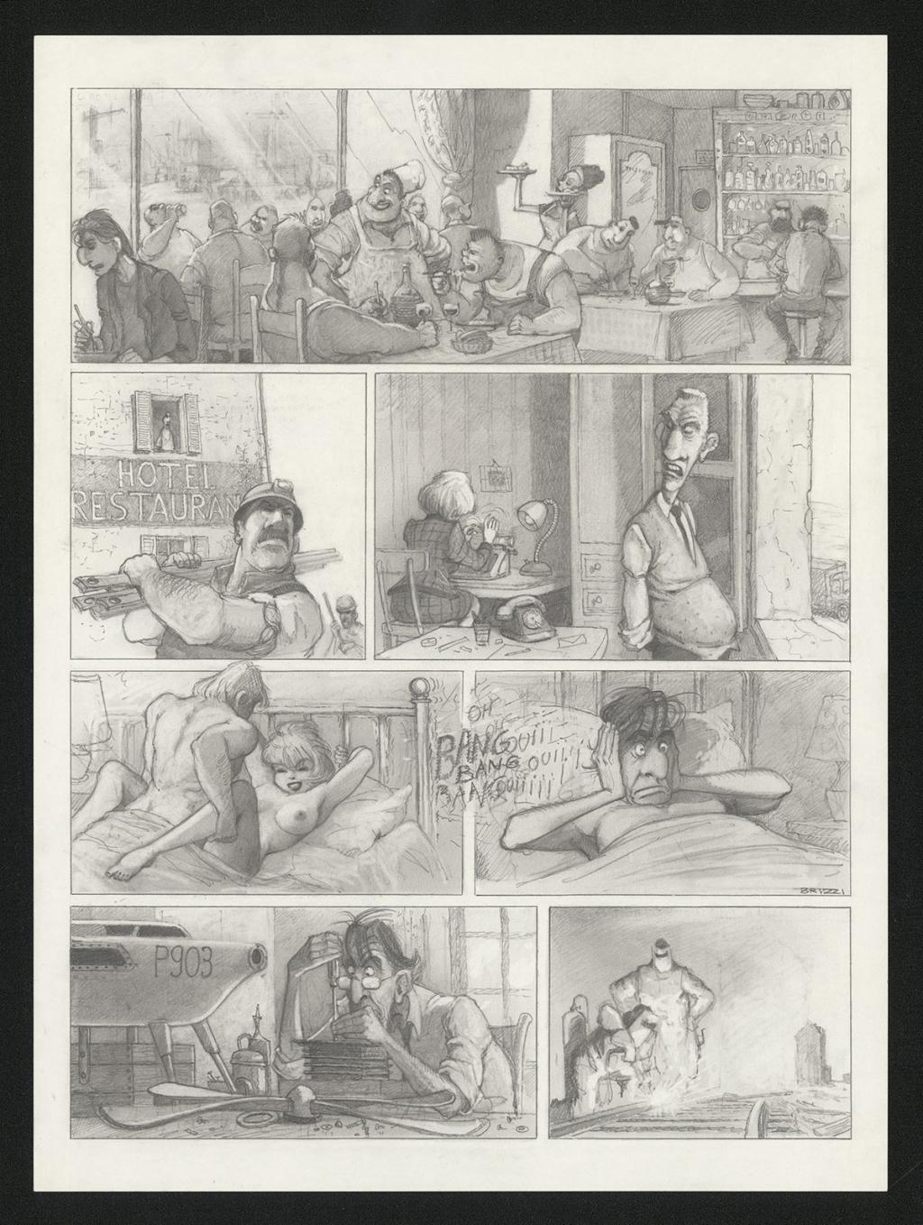 Planche originale n°57 et sa première étape noir et blanc (page 61) - Paul & Gaëtan Brizzi - Aquarelle et crayon de cire sur papier Arches - 6288