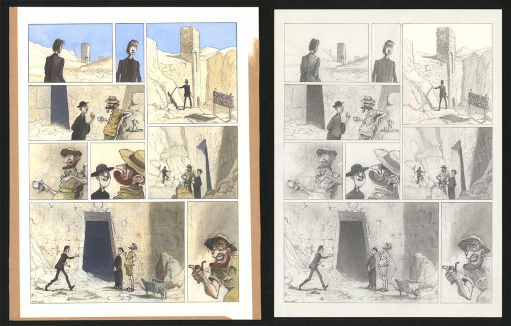 Planche originale n°70 et sa première étape noir et blanc (page 74) - Paul & Gaëtan Brizzi - Aquarelle et crayon de cire sur papier Arches - 6289