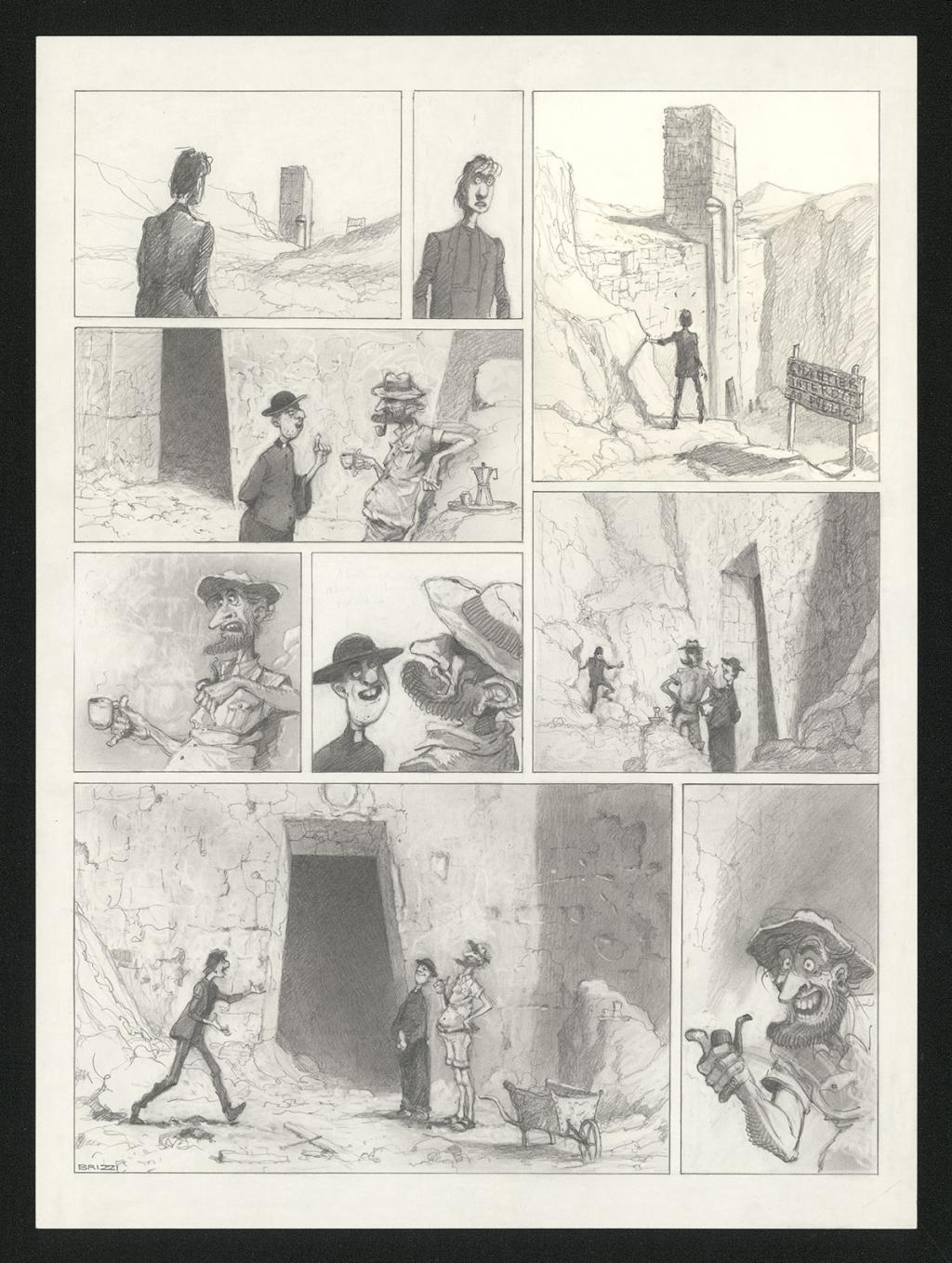 Planche originale n°70 et sa première étape noir et blanc (page 74) - Paul & Gaëtan Brizzi - Aquarelle et crayon de cire sur papier Arches - 6289
