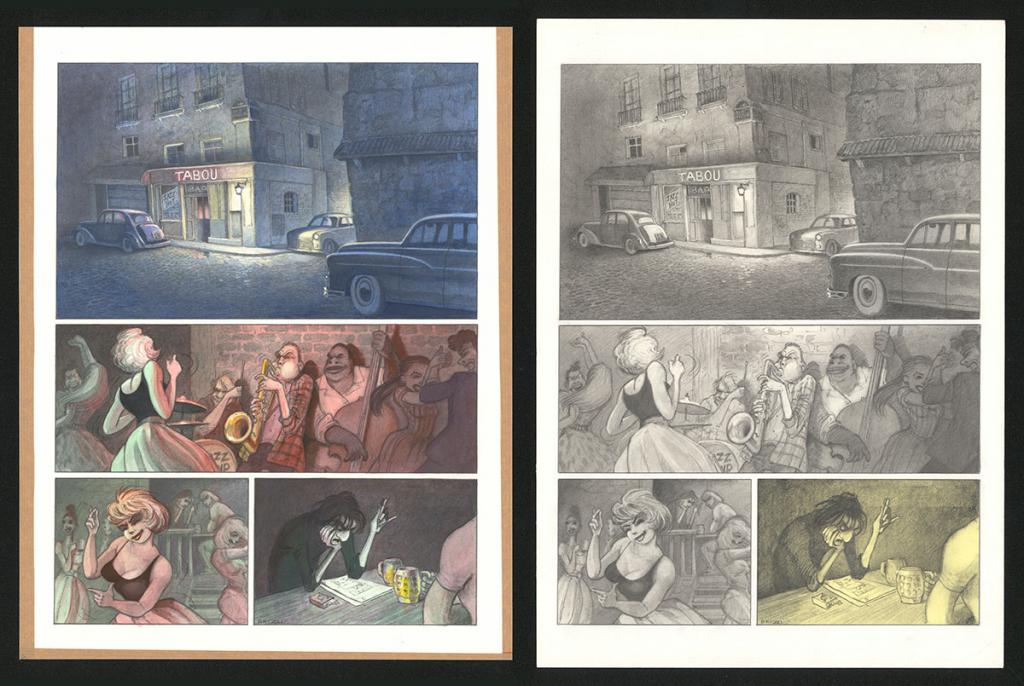 Planche originale n°5 et sa première étape noir et blanc (page 9) - Paul & Gaëtan Brizzi - Aquarelle et crayon de cire sur papier Arches - 6460