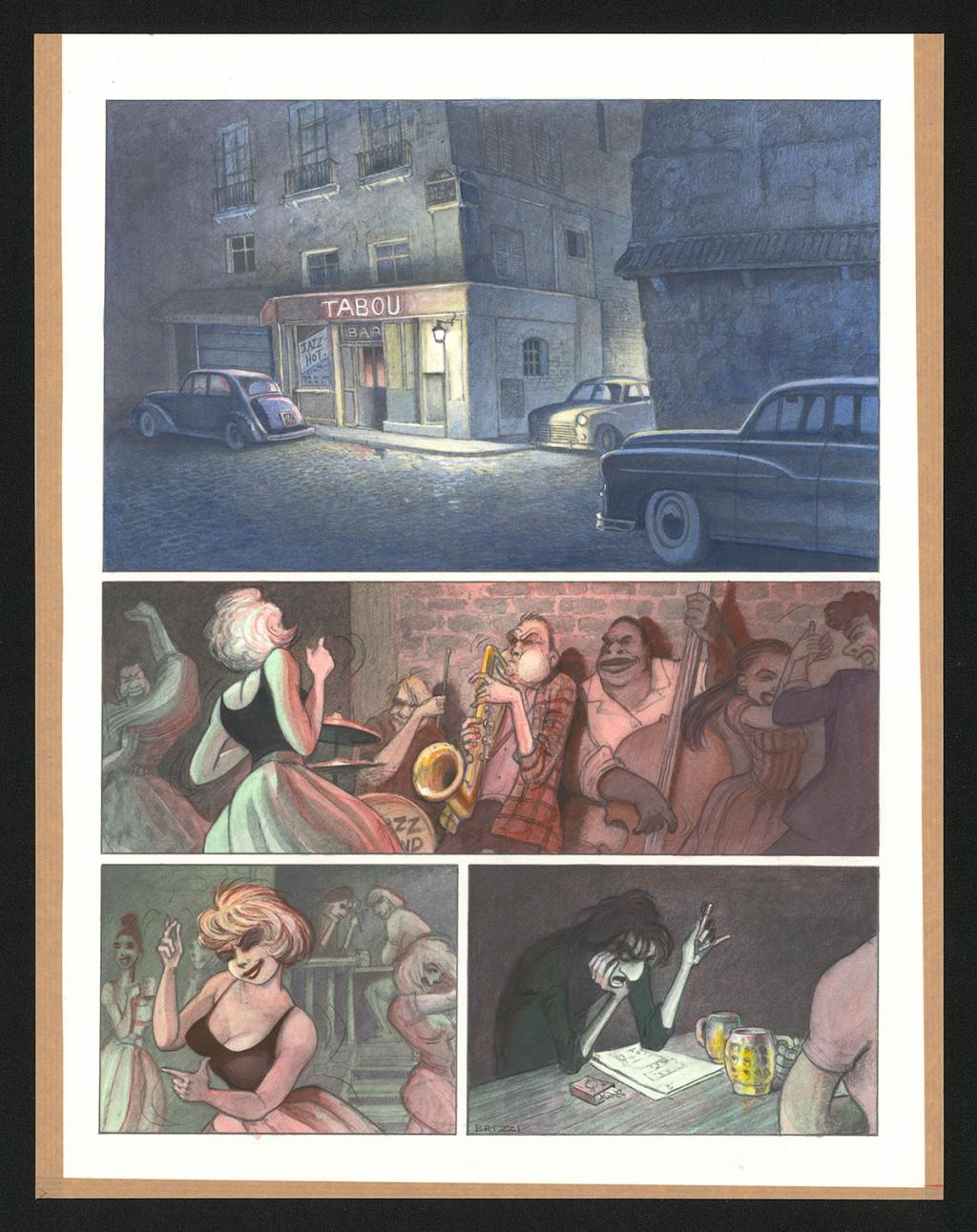 Planche originale n°5 et sa première étape noir et blanc (page 9) - Paul & Gaëtan Brizzi - Aquarelle et crayon de cire sur papier Arches - 6460