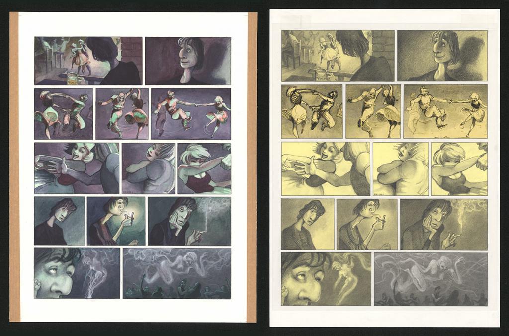 Planche originale n°7 et sa première étape noir et blanc (page 11) - Paul & Gaëtan Brizzi - Aquarelle et crayon de cire sur papier Arches - 6461