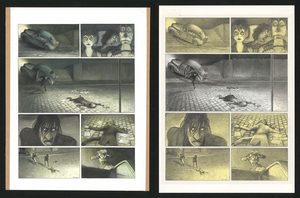 Planche originale n°11 et sa première étape noir et blanc (page 15) - Paul & Gaëtan Brizzi - Aquarelle et crayon de cire sur papier Arches - 6462