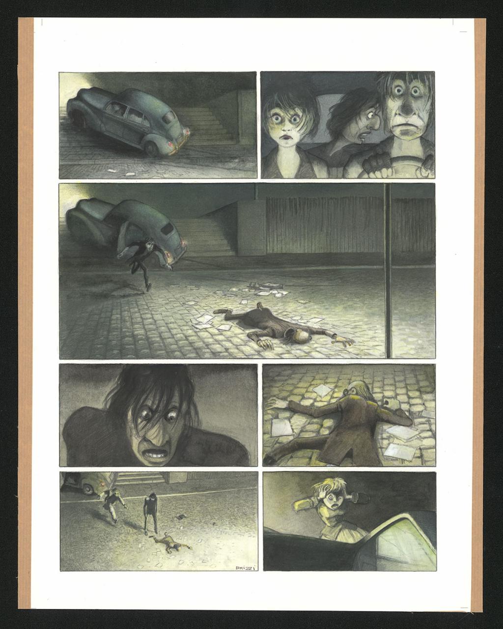 Planche originale n°11 et sa première étape noir et blanc (page 15) - Paul & Gaëtan Brizzi - Aquarelle et crayon de cire sur papier Arches - 6462