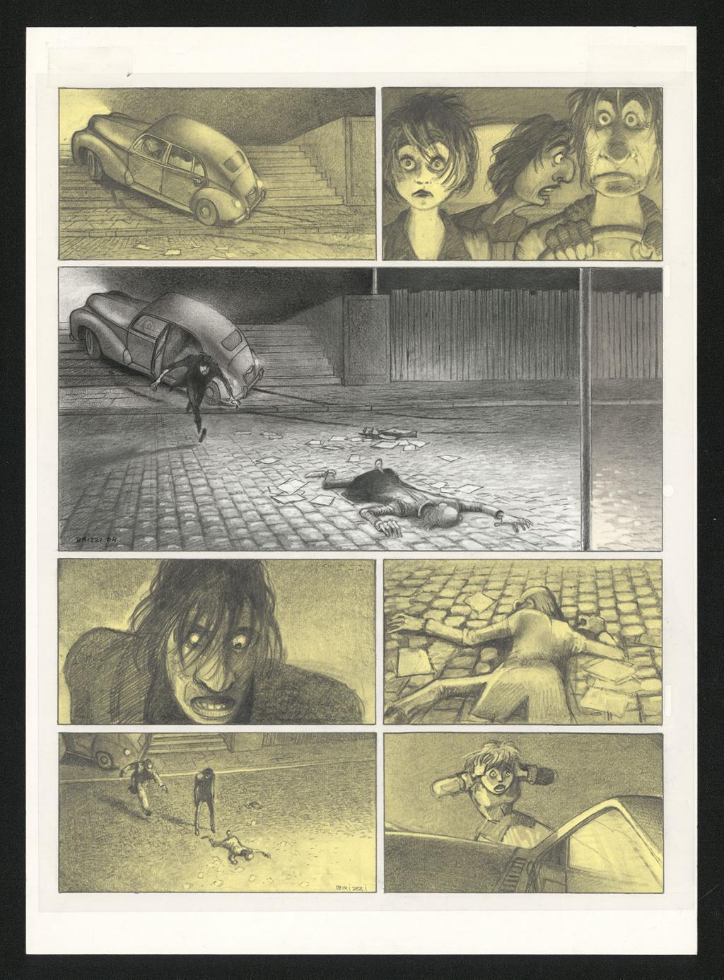 Planche originale n°11 et sa première étape noir et blanc (page 15) - Paul & Gaëtan Brizzi - Aquarelle et crayon de cire sur papier Arches - 6462