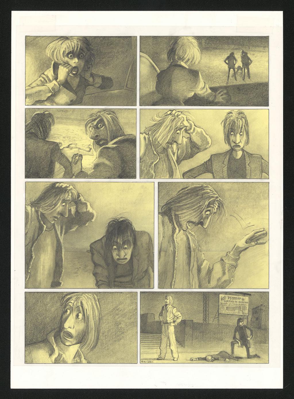 Planche originale n°12 et sa première étape noir et blanc (page 16) - Paul & Gaëtan Brizzi - Aquarelle et crayon de cire sur papier Arches - 6292