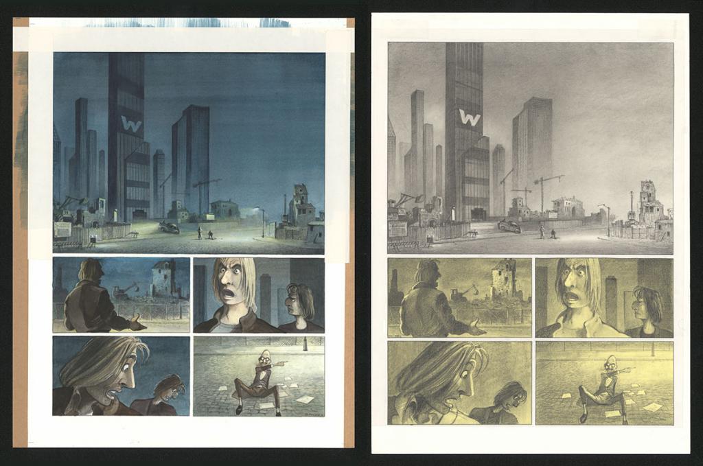 Planche originale n°13 et sa première étape noir et blanc (page 17) - Paul & Gaëtan Brizzi - Aquarelle et crayon de cire sur papier Arches - 6293