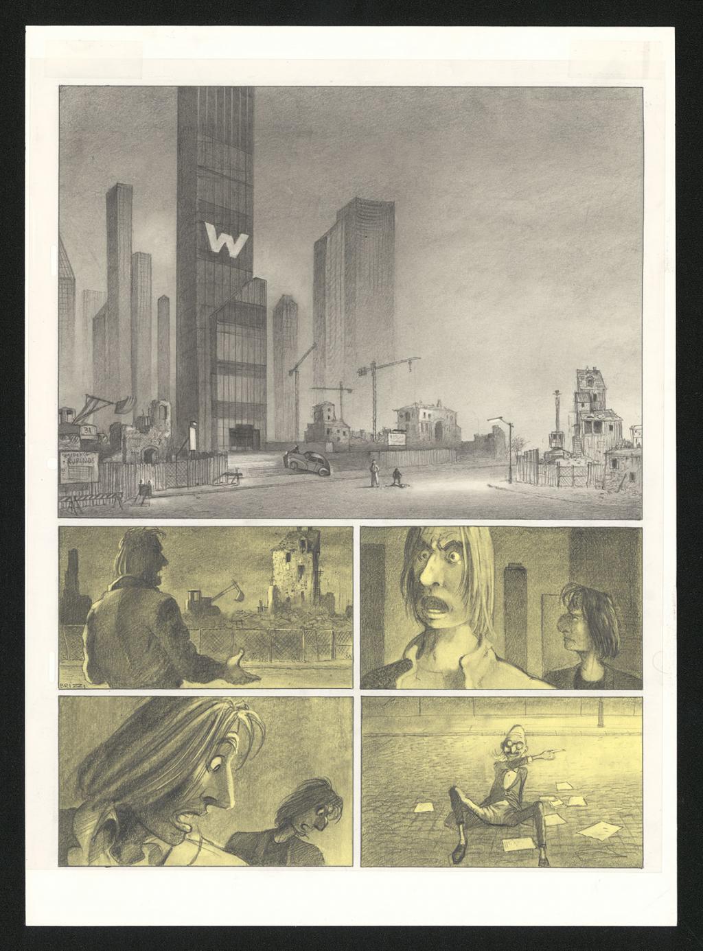 Planche originale n°13 et sa première étape noir et blanc (page 17) - Paul & Gaëtan Brizzi - Aquarelle et crayon de cire sur papier Arches - 6293