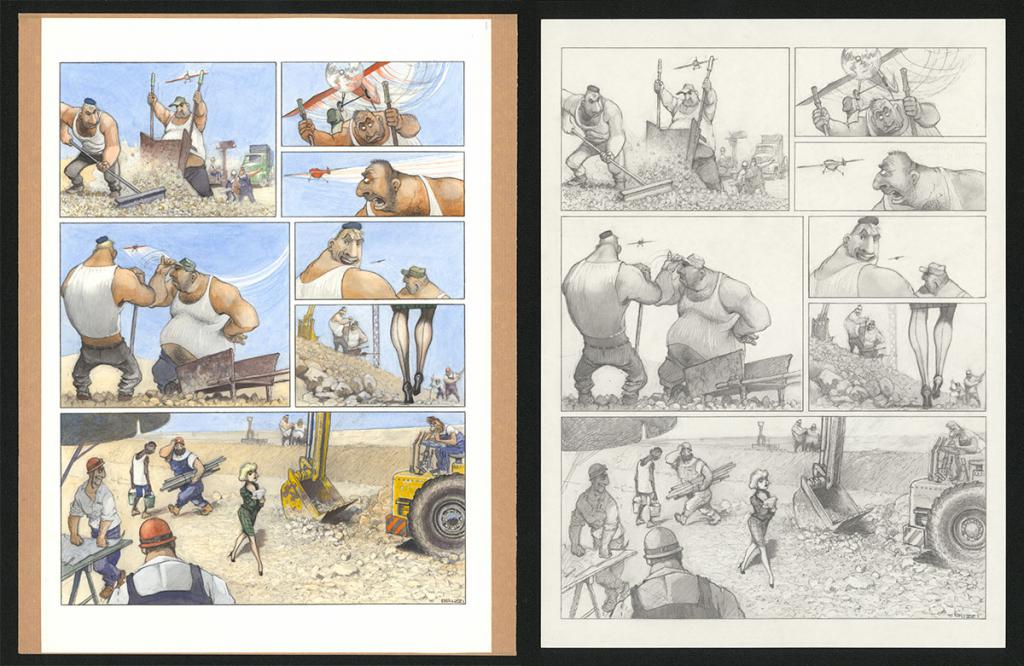 Planche originale n°54 et sa première étape noir et blanc (page 58) - Paul & Gaëtan Brizzi - Aquarelle et crayon de cire sur papier Arches - 6294