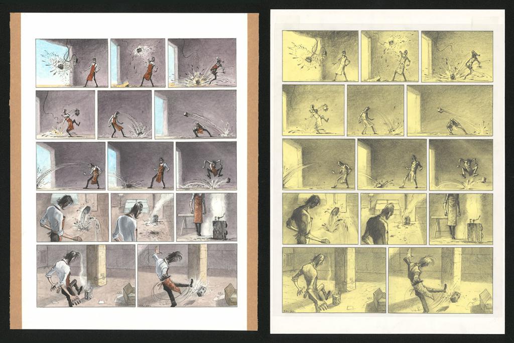 Planche originale n°22 et sa première étape noir et blanc (page 26) - Paul & Gaëtan Brizzi - Aquarelle et crayon de cire sur papier Arches - 6295