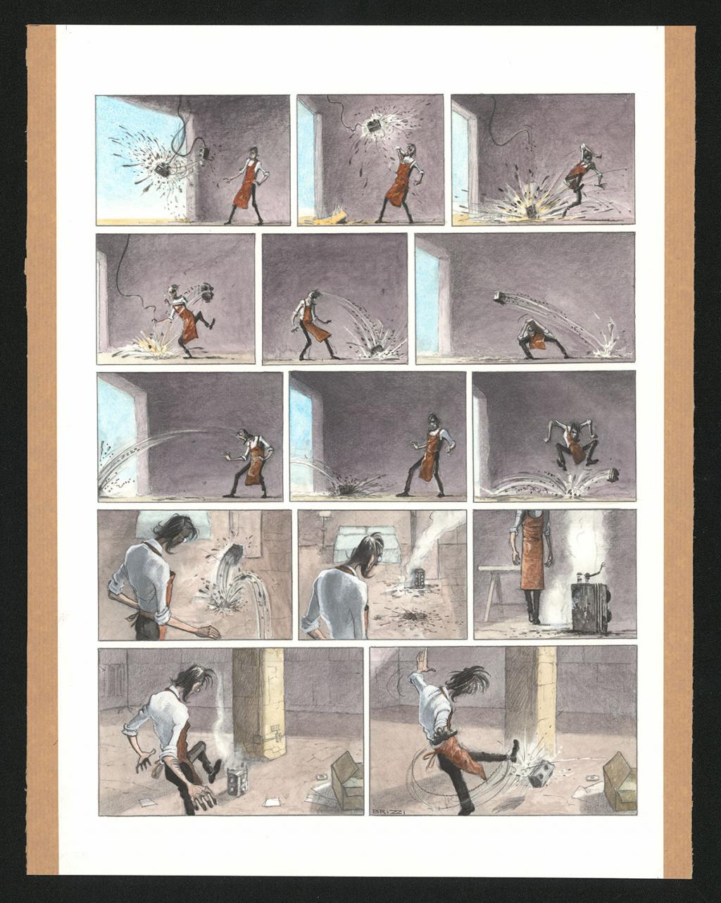 Planche originale n°22 et sa première étape noir et blanc (page 26) - Paul & Gaëtan Brizzi - Aquarelle et crayon de cire sur papier Arches - 6295