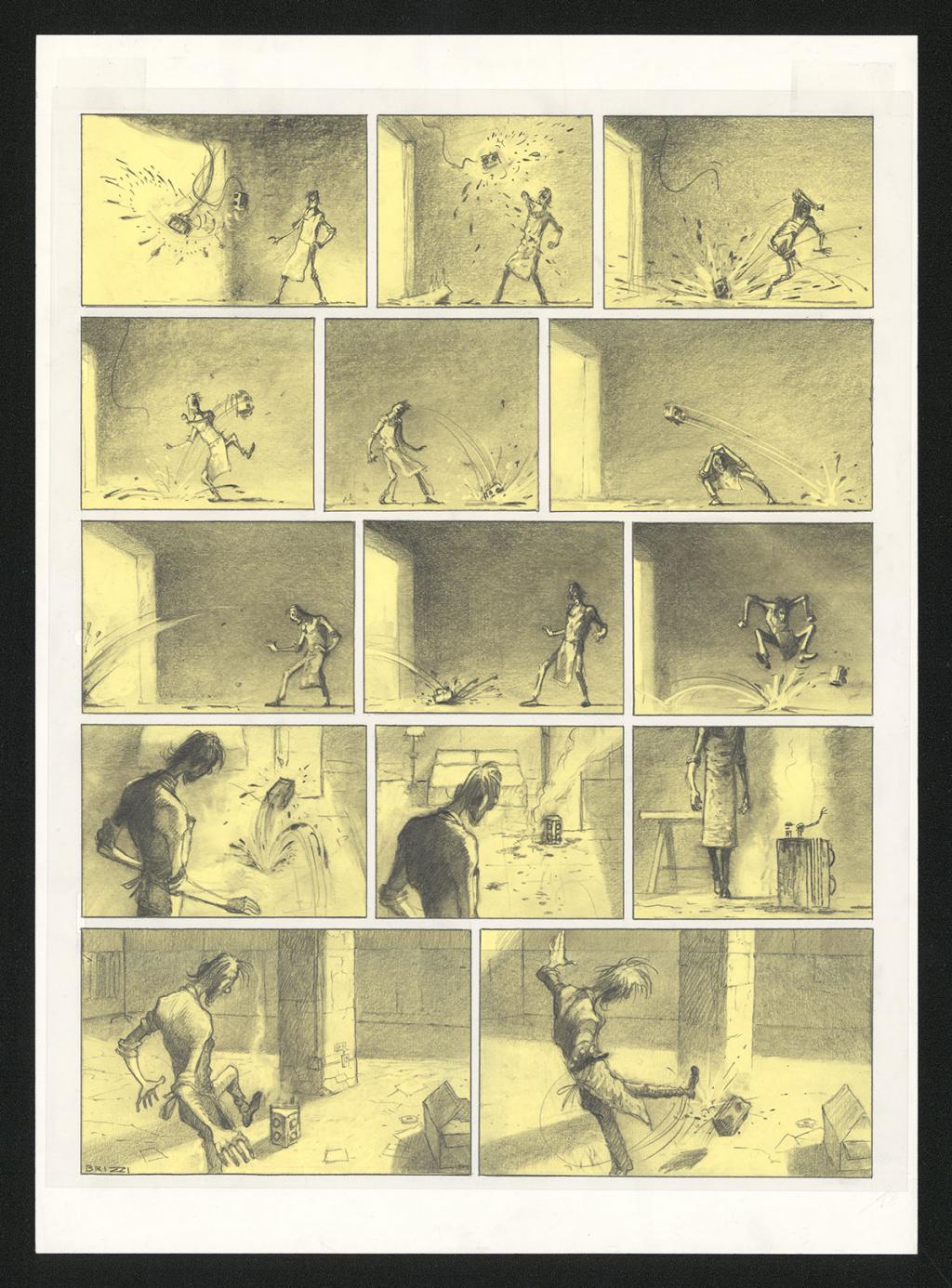 Planche originale n°22 et sa première étape noir et blanc (page 26) - Paul & Gaëtan Brizzi - Aquarelle et crayon de cire sur papier Arches - 6295