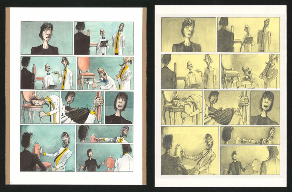 Planche originale n°33 et sa première étape noir et blanc (page 37) - Paul & Gaëtan Brizzi - Aquarelle et crayon de cire sur papier Arches - 6296