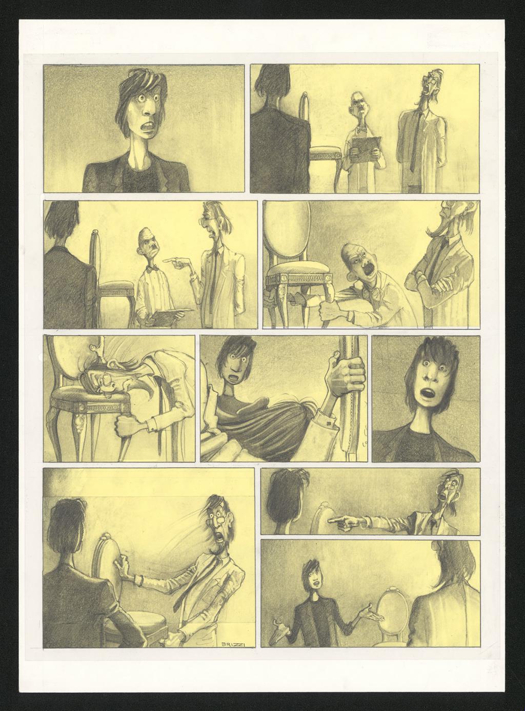 Planche originale n°33 et sa première étape noir et blanc (page 37) - Paul & Gaëtan Brizzi - Aquarelle et crayon de cire sur papier Arches - 6296