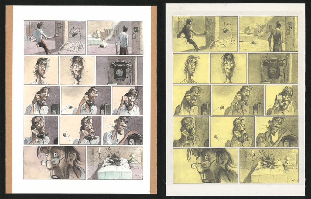 Planche originale n°23 et sa première étape noir et blanc (page 27) - Paul & Gaëtan Brizzi - Aquarelle et crayon de cire sur papier Arches - 6297