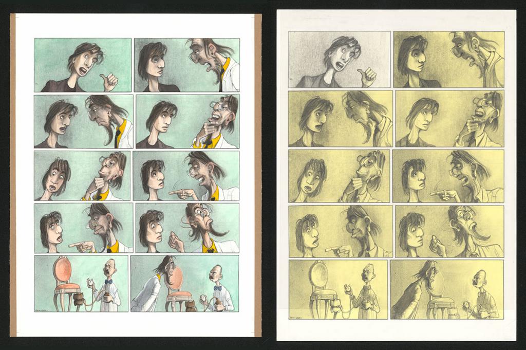 Planche originale n°34 et sa première étape noir et blanc (page 38) - Paul & Gaëtan Brizzi - Aquarelle et crayon de cire sur papier Arches - 6298