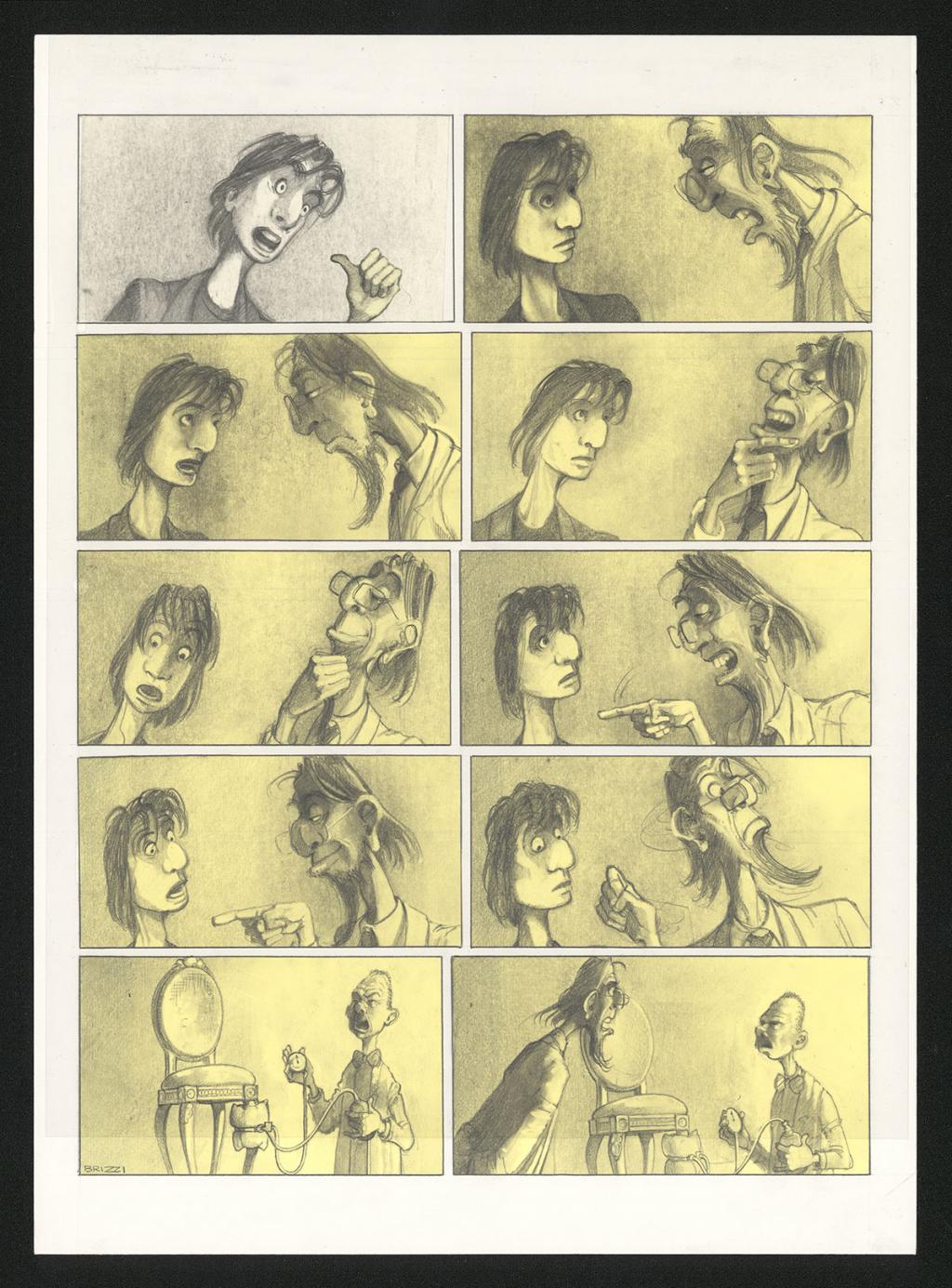 Planche originale n°34 et sa première étape noir et blanc (page 38) - Paul & Gaëtan Brizzi - Aquarelle et crayon de cire sur papier Arches - 6298